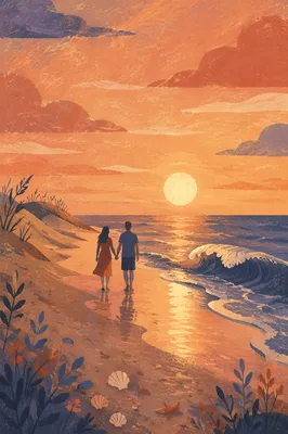 Silhouetted Couple Holding Hands at Sunset Beach