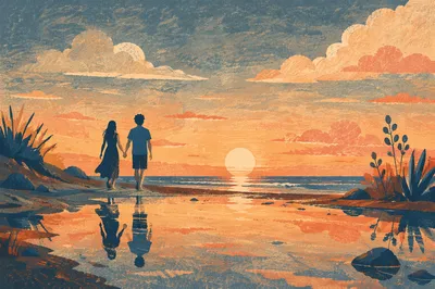 Couple Silhouette Walking Beach at Sunset