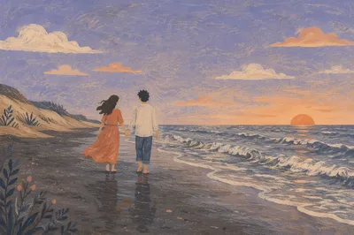 Couple Walking Hand in Hand at Sunset