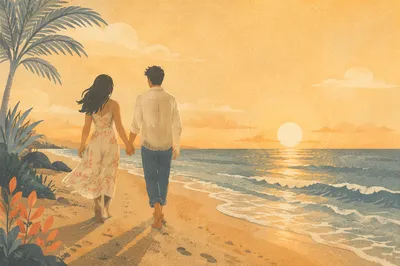Silhouetted Couple Walking Beach at Sunset