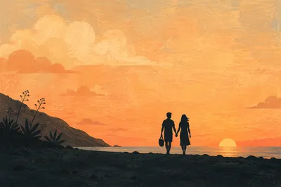 Romantic Couple Silhouette Walking at Sunset