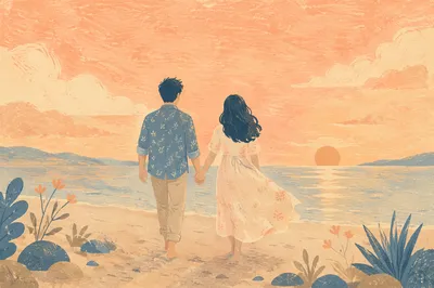 Romantic Couple Walking Beach at Sunset