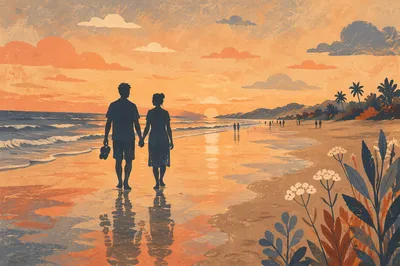 Romantic Couple Silhouette Walking on Sunset Beach