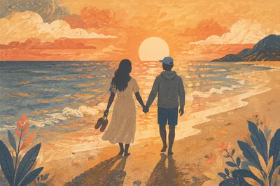 Silhouetted Couple Walking on Sunset Beach