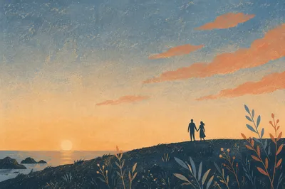 Couple Walking Hand in Hand at Sunset