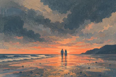 Couple Walking at Sunset Beach Silhouette