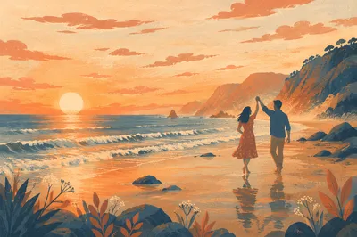 Romantic Couple Walking Beach at Sunset