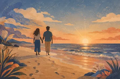 Couple Walking Hand in Hand at Sunset