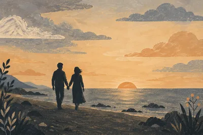 Couple Silhouette Walking on Sunset Beach