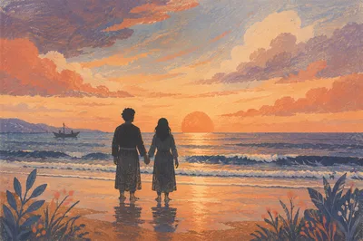 Couple Holding Hands at Sunset Shoreline
