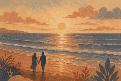 Couple Silhouettes Walking on Sunset Beach