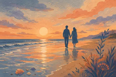 Sunset Beach Couple Silhouette Walk