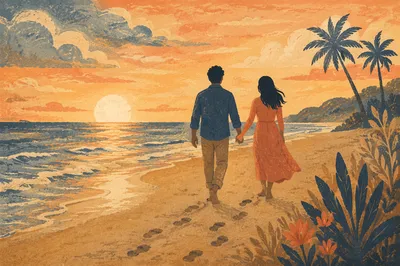 Couple Walking Beach Sunset Silhouette