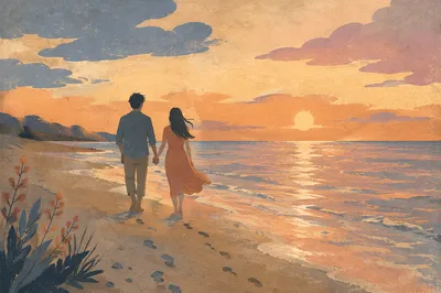 Couple Walking Hand in Hand at Sunset