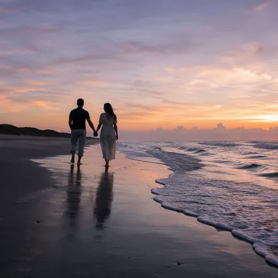 Couple Walking Hand in Hand at Sunset