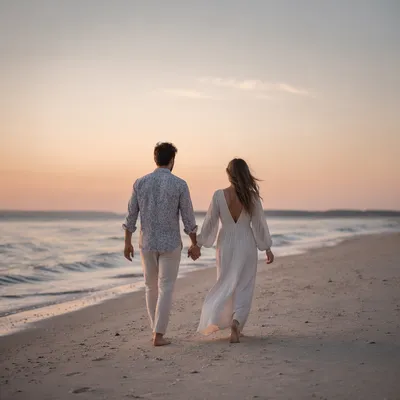 Romantic Couple Walking Beach at Sunset