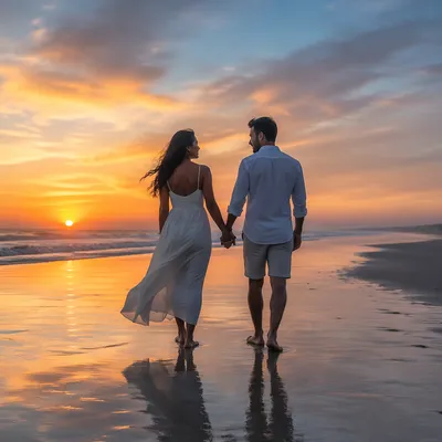 Couple Walking on Beach at Sunset