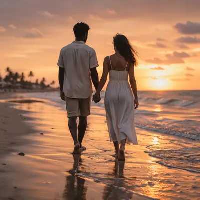 Couple Walking Hand in Hand at Sunset