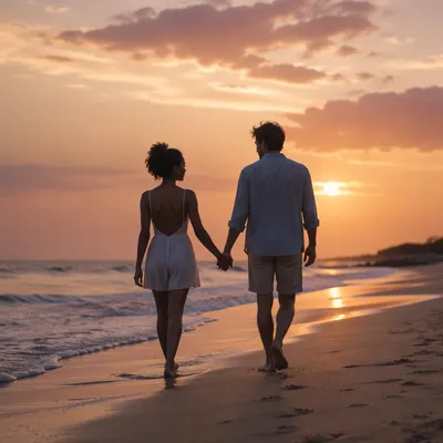 Couple Walking Hand in Hand at Sunset