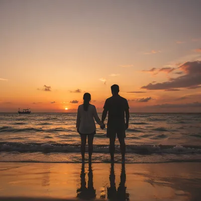Couple Silhouette Walking Beach at Sunset