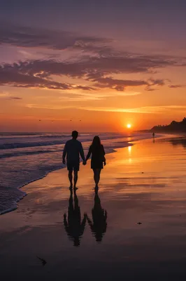 Couple Walking at Beach Sunset Silhouette