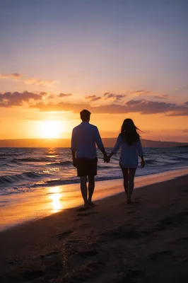 Couple Walking at Sunset Beach Silhouette