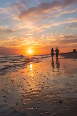 Couple Silhouettes Walking Beach at Sunset