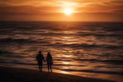 Sunset Beach Couple Silhouette Walk