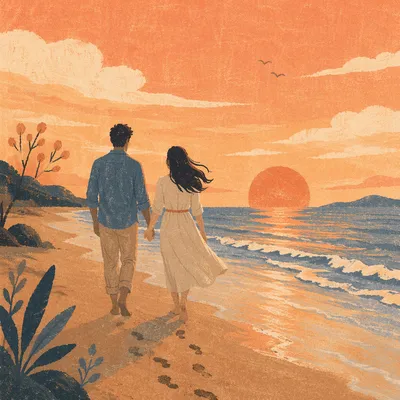 Couple Walking Hand in Hand at Sunset