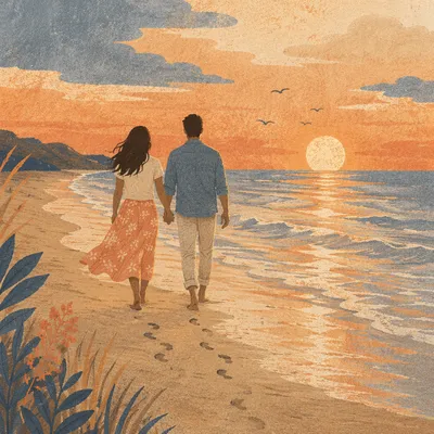 Couple Walking Hand in Hand at Sunset