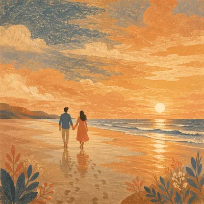 Couple Walking at Sunset Beach