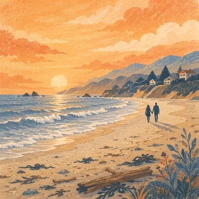 Couple Walking at Sunset Beach Panorama