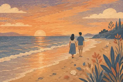 Couple Walking Hand in Hand at Sunset Beach