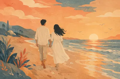 Couple Walking Hand in Hand at Sunset