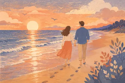 Couple Walking Hand in Hand at Sunset