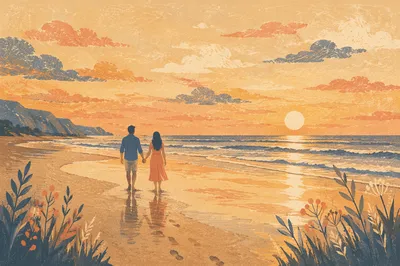 Couple Walking at Sunset Beach