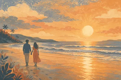 Couple Walking at Sunset Beach