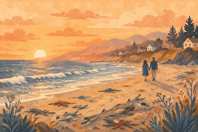 Couple Walking at Sunset Beach Panorama
