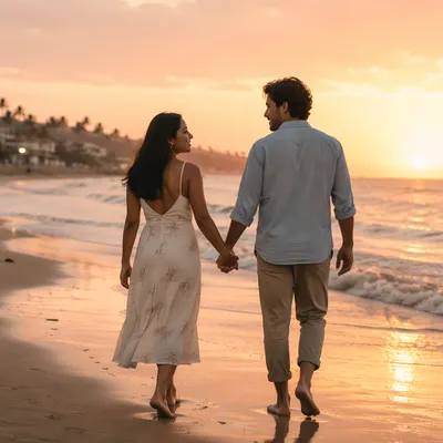 Couple Walking Hand in Hand at Sunset