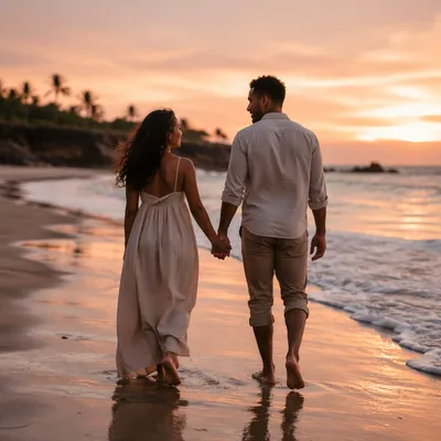 Couple Walking Hand in Hand at Sunset
