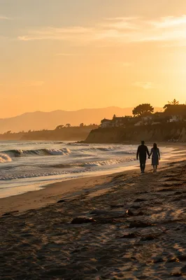 Couple Walking at Sunset Beach Panorama