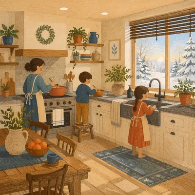 Cozy Winter Cabin Kitchen Window View