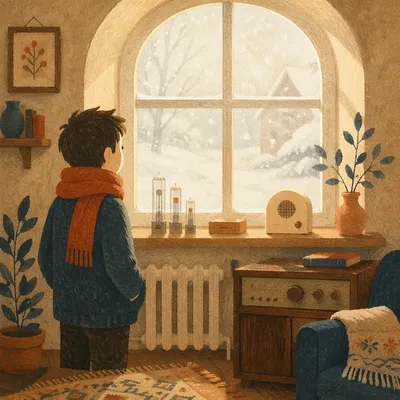 Cozy Cabin Window With Snowy Morning View
