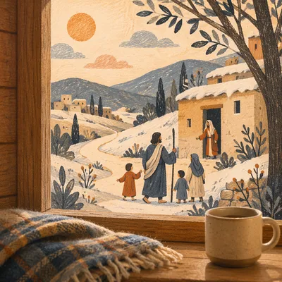 Cozy Cabin Window Over Snowy Pines