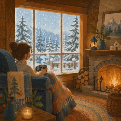 Cozy Cabin Window View in Snowfall