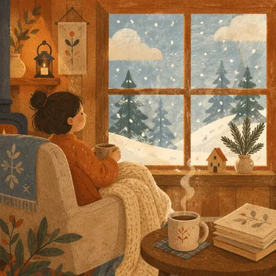 Cozy Cabin Window View on Snowy Morning