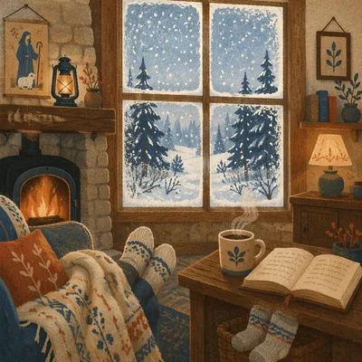Cozy Cabin Window View in Snow