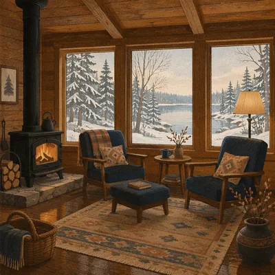 Cozy Cabin Window View in Winter