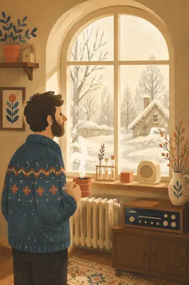 Cozy Cabin Window with Snowy Morning View