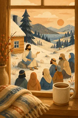 Cozy Cabin Window with Snowy Forest View